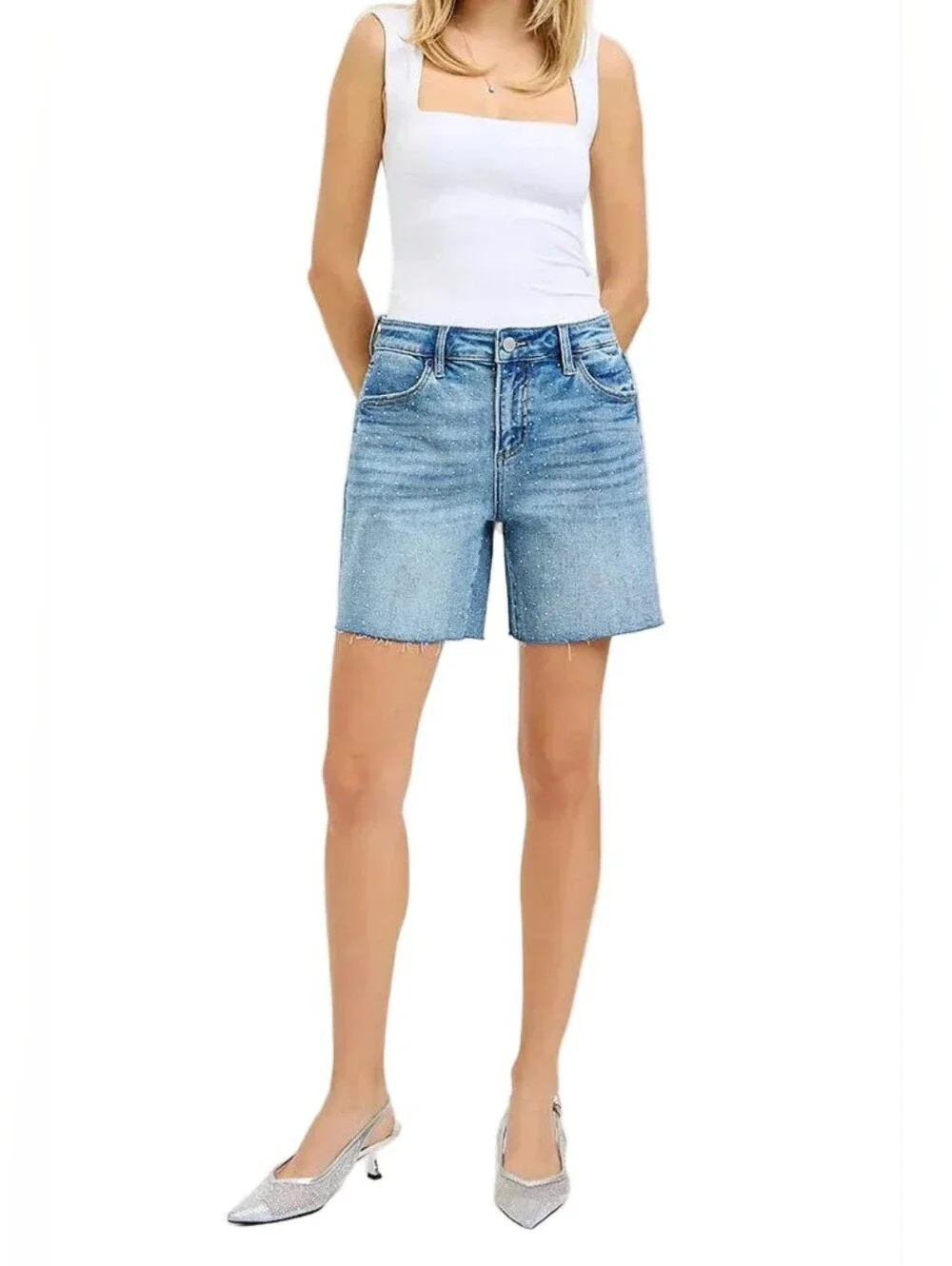 Risen Rhinestone Speckled Baggy Raw Hem Mid Length Weekend Sparkle Denim Shorts
